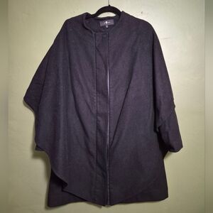 7 For All Mankind Black Wool Cape Jacket Leather Trim Size M